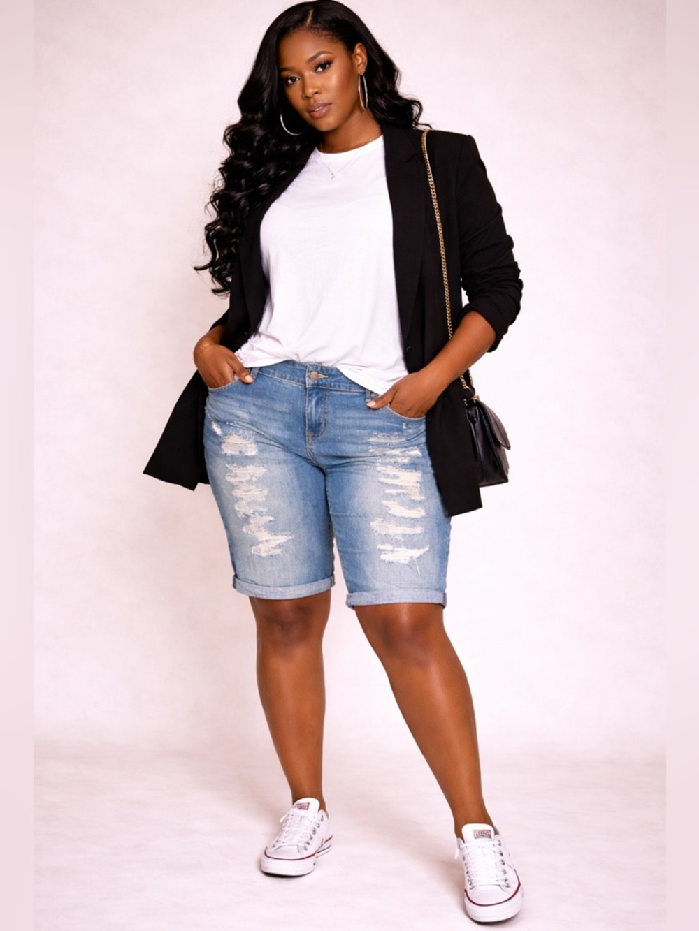 Plus-Size Light Blue Distressed Denim Bermuda Shorts